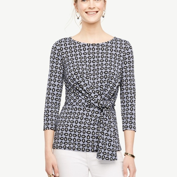 Ann Taylor | Blue Tossed Leaf Print Side-Tie Top - Picture 1 of 8
